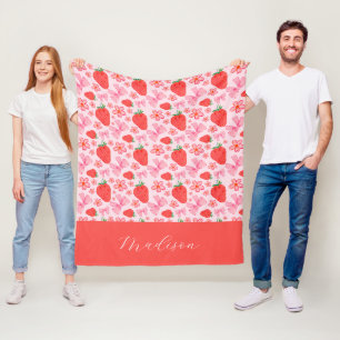 Söta Rosa Coquette Bow Strawberry Anpassat Namn Fleecefilt