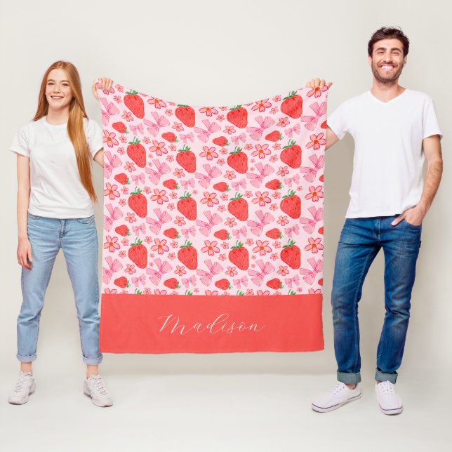 Söta Rosa Coquette Bow Strawberry Anpassat Namn Fleecefilt (På plats)