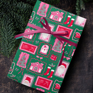 Söta rosa coquette ramar mönster jul grön presentpapper