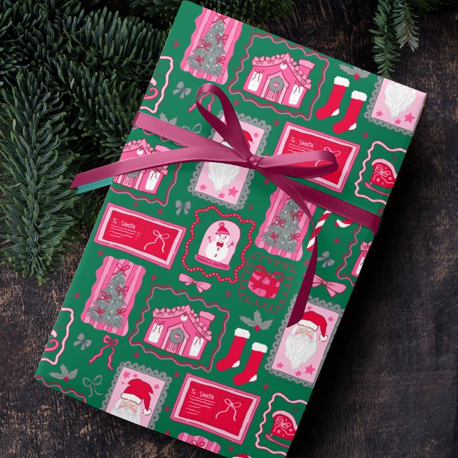 Söta rosa coquette ramar mönster jul grön presentpapper (Skapare uppladdad)