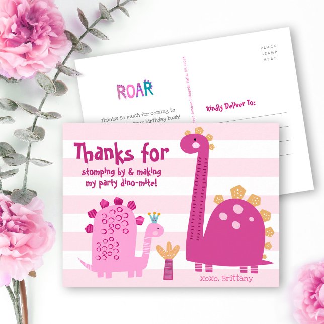 Söta Rosa Dinosaurier Kawaii Flickfödelsedag Tack Vykort (Skapare uppladdad)