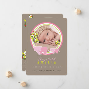 Söta Rosa Elefanter Familj Babyflicka Foto Födelse Meddelande