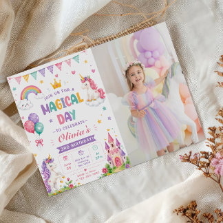 Söta rosa enhörning-flickor Barn 3-års födelsedags Inbjudningar