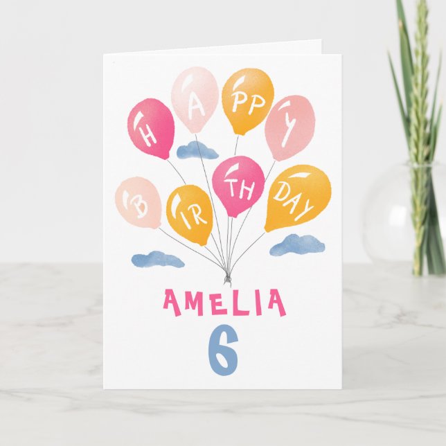 Söta Rosa Färgglada Ballonger Flickas Födelsedag Kort (Framsida)