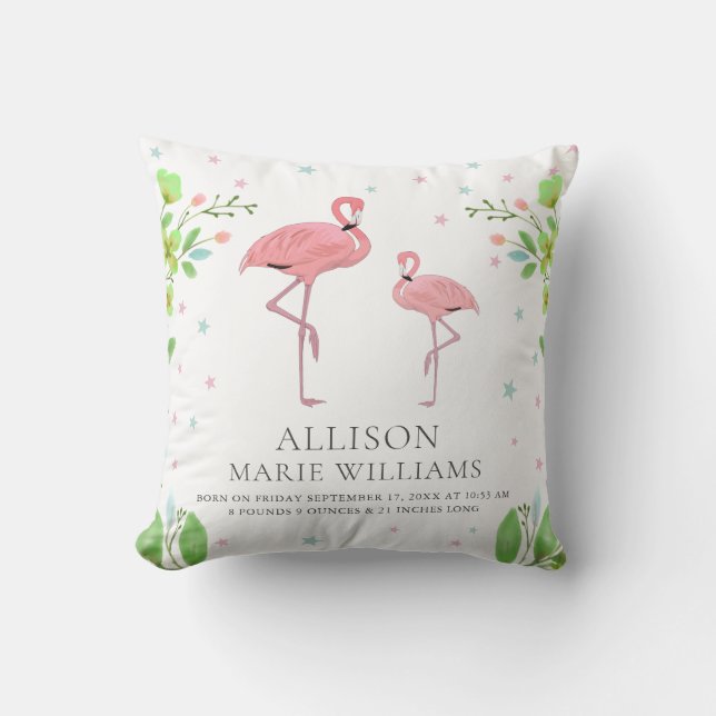 Söta Rosa Flamingo Flickebarn Födelsestatistik Kudde (Framsida)