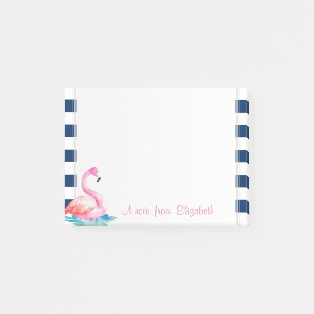 Söta rosa flamingos,marinblå ränder post-it block (Framsida)