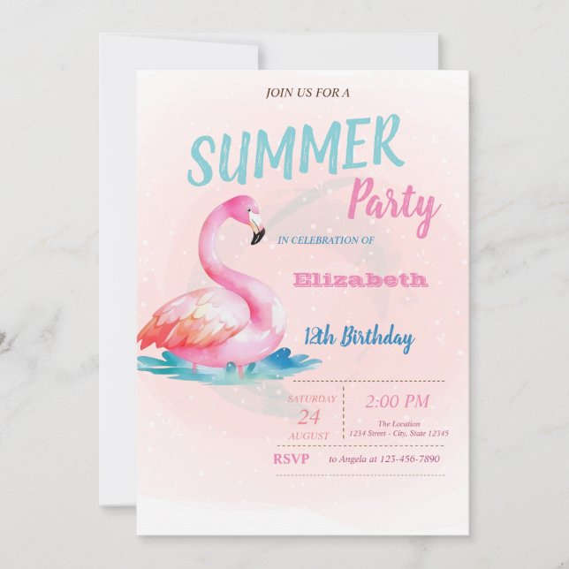 Söta Rosa Flamingos Sommar Födelsedagsfest   Inbjudningar (Framsida)
