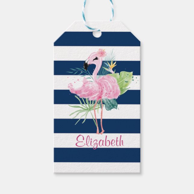 Söta Rosa FlamingosTropiskt blad,randigt   Presentetikett (Framsidan)
