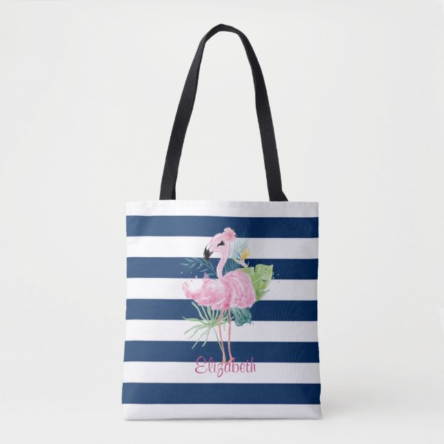Söta Rosa FlamingosTropiskt blad,randigt  Tygkasse (Framsida)