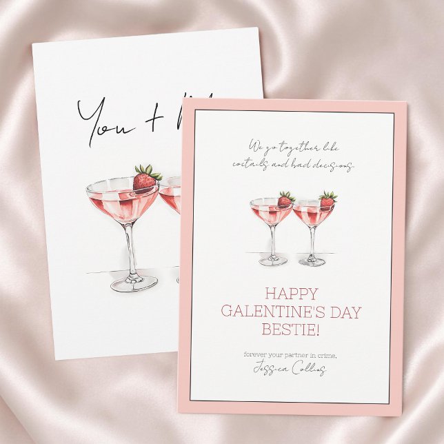 Söta Rosa Glada Galentine's Day Bästa Vän Drinkar Julkort (Cute Pink Happy Galentine's Day Bestie Cocktails Holiday Card)