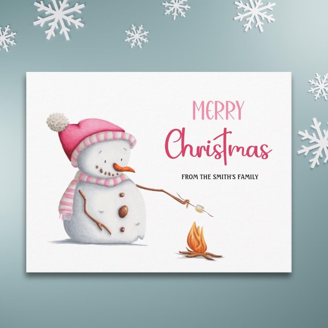Söta rosa god jul snömannen marshmallows vykort (Skapare uppladdad)