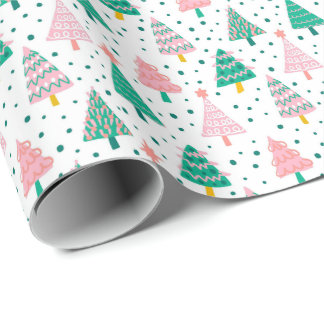Söta rosa & gröna julgransmönster presentpapper