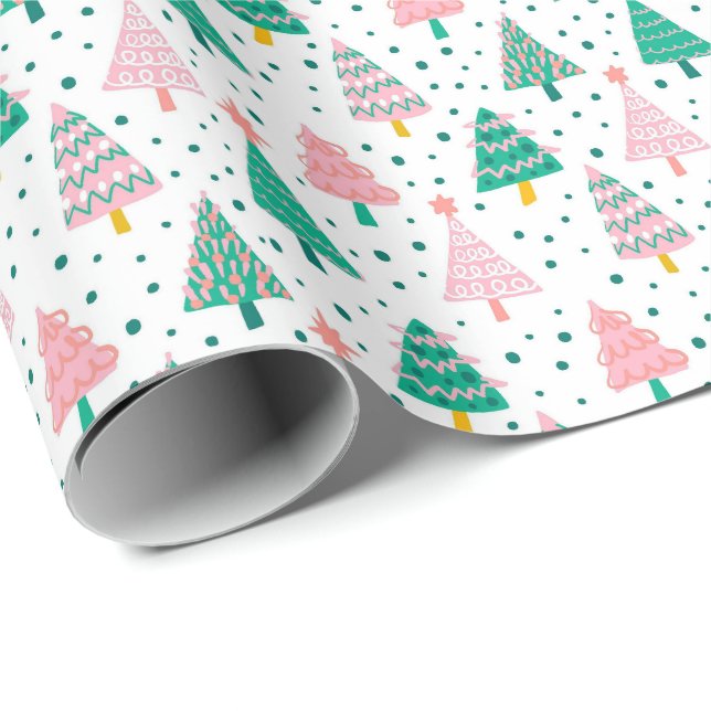Söta rosa & gröna julgransmönster presentpapper (Rullad Hörn)
