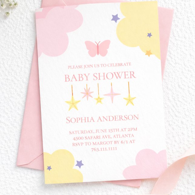 Söta Rosa Gula Moln Stjärnor Bebisdopp Inbjudningar (Skapare uppladdad)