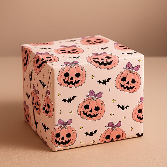 Söta rosa halloween-jack-o'-lanterns och fladdermö presentpapper (Skapare uppladdad)