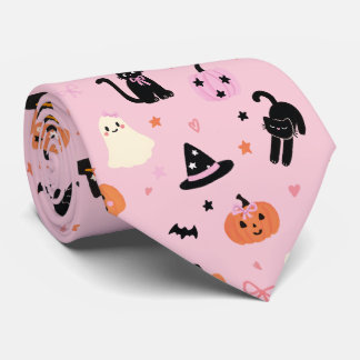 Söta rosa halloween-spöken, katter och pumpor slips