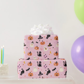 Söta rosa halloweenandar, katter och pumpor presentpapper