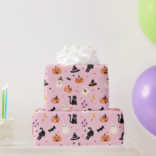 Söta rosa halloweenandar, katter och pumpor presentpapper (Festgåvor)