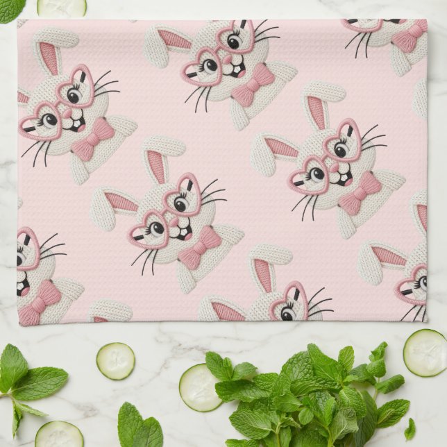 Söta rosa kanin hjärtformade glasögon  kökshandduk (Vikta)
