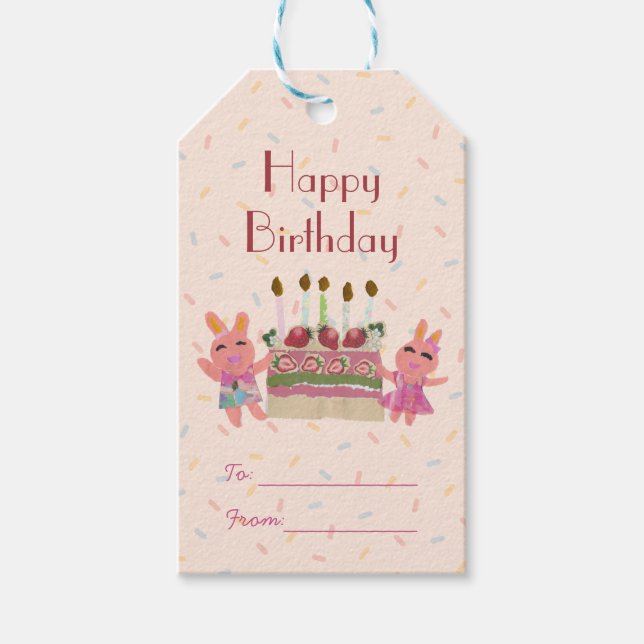 Söta Rosa Kaniner & Jordgubbstårta Barnkalas Presentetikett (Framsidan)