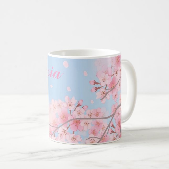 Söta rosa körsbärsblommar med ditt namn kaffemugg (Framsida höger)