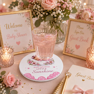 Söta Rosa Moln Lille Solsken Babyflicka Shower Underlägg Papper Rund