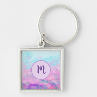 Söta Rosa Moln Monogram Fyrkantig Silverfärgad Nyckelring