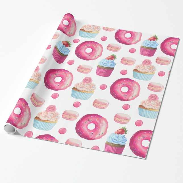 Söta rosa munkar och cupcakes på vitt presentpapper (Utrullad)