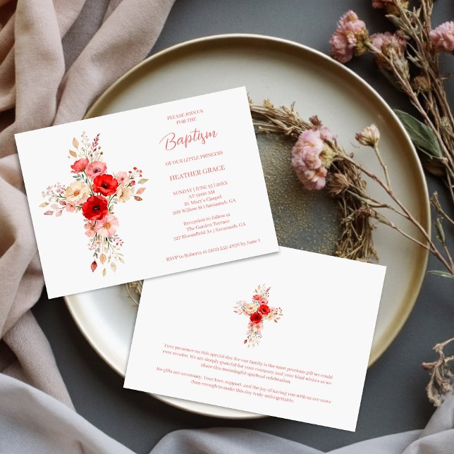 Söta Rosa Nyanser Vilda Blommor Korsform Dop Inbjudningar (Sweet Digital Watercolor Pink Shades Wildflowers Cross-Shape Baptism Invitation Cards. )