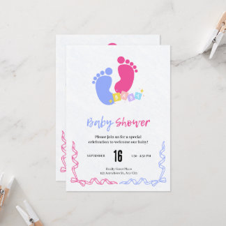 Söta rosa och blå pastellfärgade babyfotspårblock inbjudningar