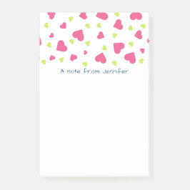 Söta rosa och gröna fallande hjärtan mönster post-it block