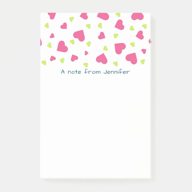 Söta rosa och gröna fallande hjärtan mönster post-it block (Framsida)