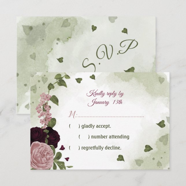 söta rosa & plommon burgunder röda blommor grönska OSA kort (Fram/baksida)