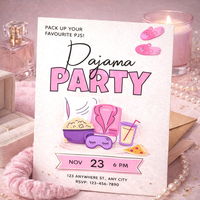 Söta rosa pyjamasparty för tjejer sömnparty inbjudningar (Cute Pink Sleepover for Girls Pajama Party Invitation, Slumber Party Invite)