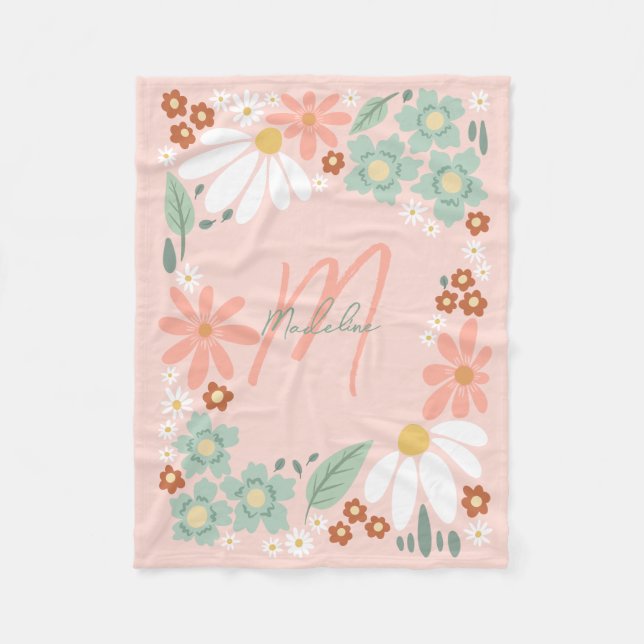 Söta rosa retro vildblomma personliga fleecefilt (Framsidan)
