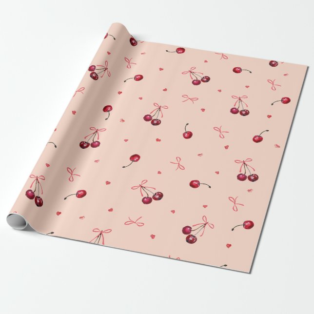 Söta rosa röda körsbär hjärtan slingor mjuk orange presentpapper (Utrullad)