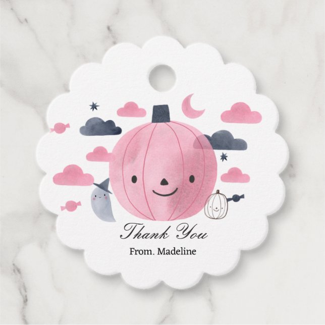 Söta rosa små pumpraljudsinbjudningar gåvor etiketter (Framsida)