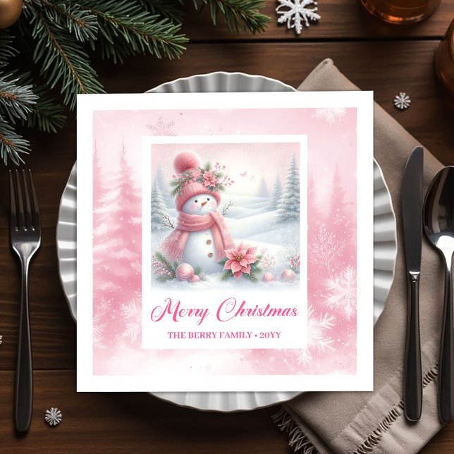 Söta rosa snömannen vinter scen jul servetter  (Cute Pink Snowman Winter Scene Christmas Napkins for Kids)