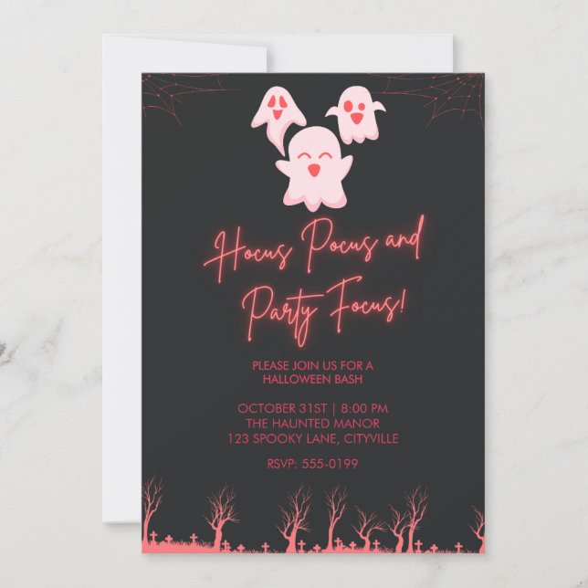 Söta Rosa Spöken Halloweenfest Inbjudan | Neon (Framsida)