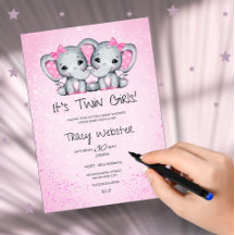 Söta, rosa tvilling elefant-bebisar baby shower 