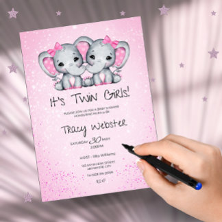 Söta, rosa tvilling elefant-bebisar baby shower inbjudningar