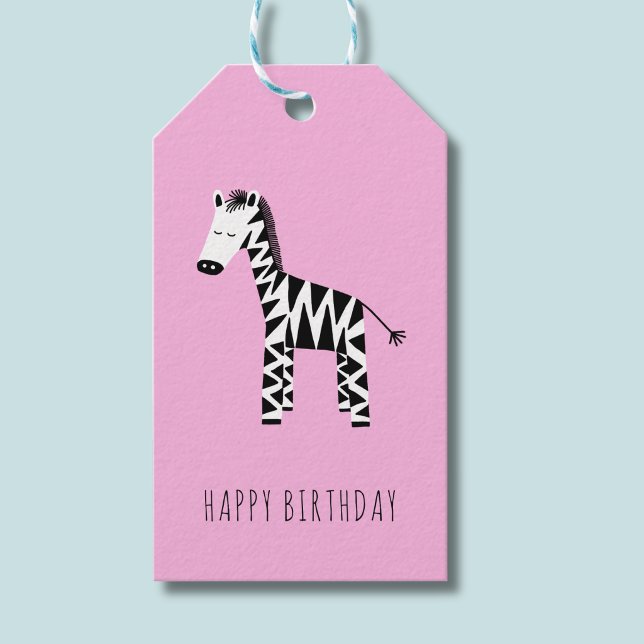 Söta rosa zebra God födelsedag för barn Presentetikett (Pink zebra Happy Birthday gift tag)