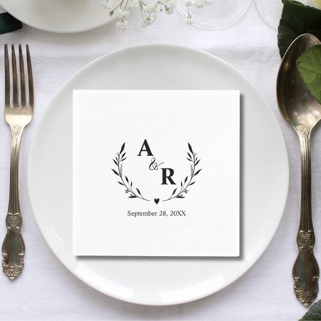 Söta rustika botaniska anpassade bröllopsinitialer pappersservett (Cute rustic botanical customized initials napkins add a cozy personal touch to your wedding table)