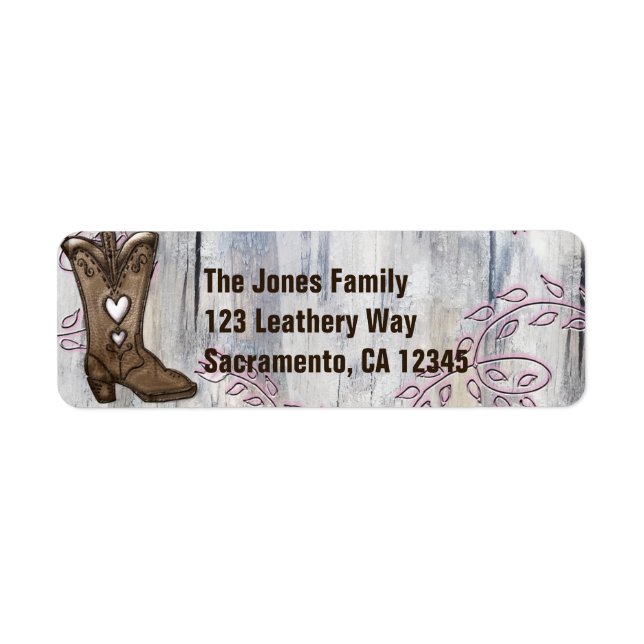 Söta rustika rosa hjärta cowgirl stövlar bröllopss returadress etikett (Framsidan)