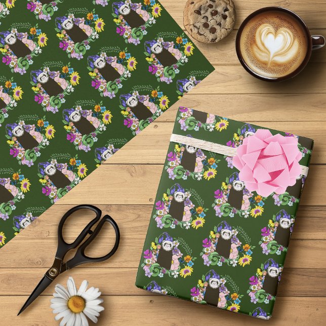 Söta Sable Illuster Frett Vildblommor Grön Skog Presentpapper (Skapare uppladdad)
