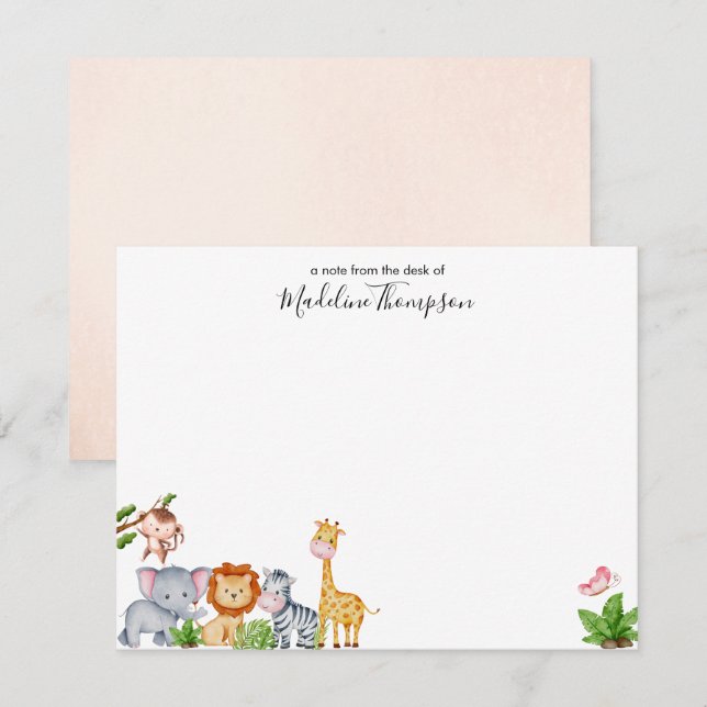 Söta Safari Djur Djungel Barn Elegant Skrift Anteckningskort (Fram/baksida)