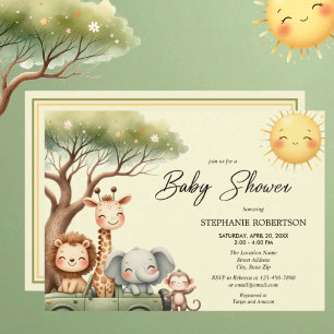 Söta safari-djur könsneutrala baby shower  inbjudningar