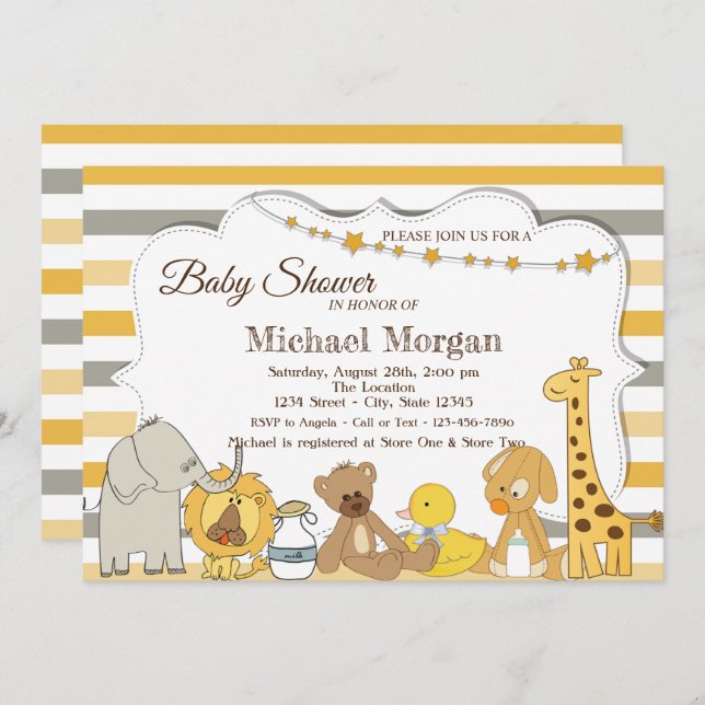 Söta Safari-djur med stripe-babyskor Inbjudningar (Fram/baksida)