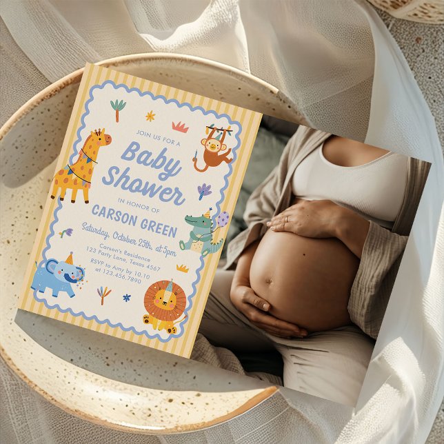 Söta Safari Djur Pojke Baby Shower Foto Inbjudningar (Skapare uppladdad)