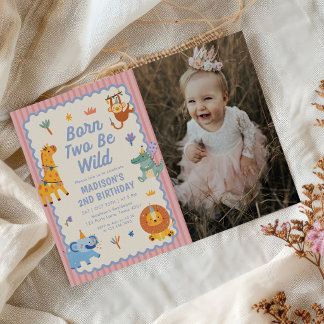Söta Safari Djur Tjej 2-års Födelsedagsfoto Inbjudningar